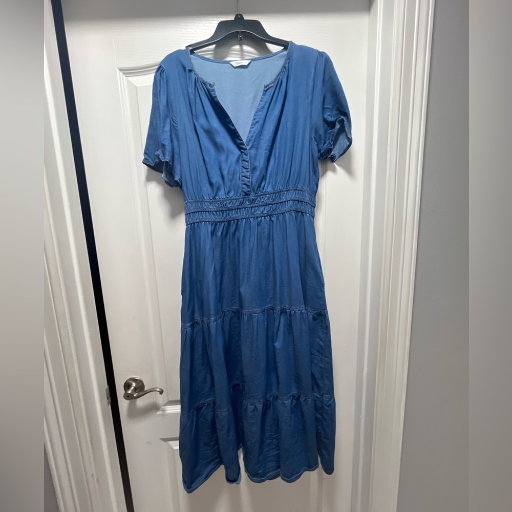 Simplee Apparel Blue V-Neck Tiered Midi Dress